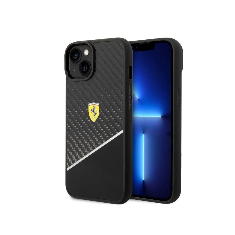 Capa Ferrari iPhone 14 Plus / 15 Plus — Genuine Carbon Stria