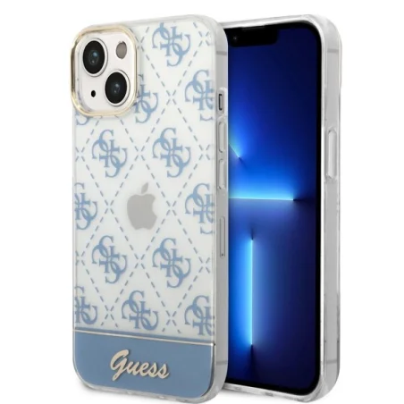Guess Case iPhone 14 Plus / 15 Plus — 4G Pattern Script Blue