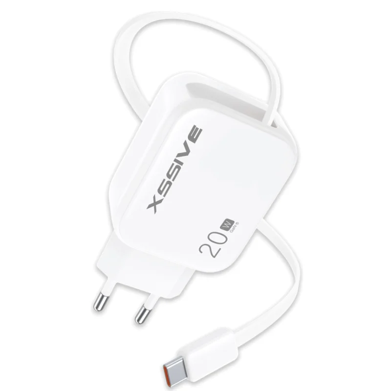 Carregador Rápido 20W PD GaN Xssive com Cabo USB-C Retrátil